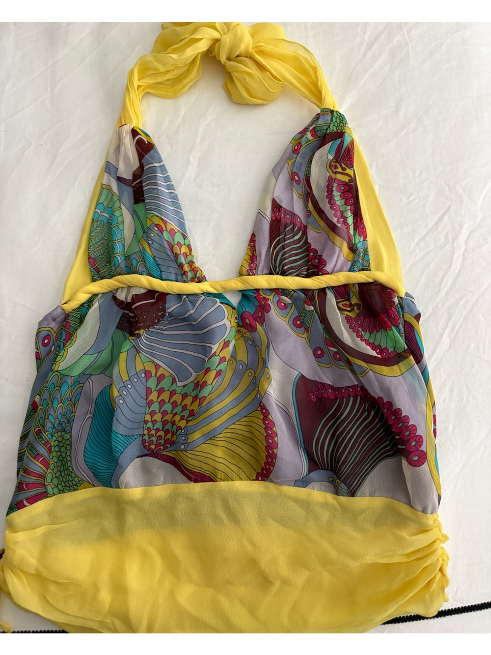 Y2K Black Halo Yellow and multi color pucci like print  halter